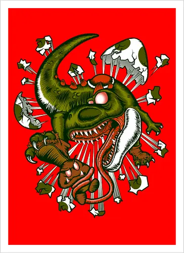Wildes Reptil Verschlingt Niedliche Kreatur in Düsterer Kunst - wildes Reptil, verschlungene Kreatur, düstere Kunst, Old-School-Tattoo, grünes Monster, Eierschalen, scharfe Zähne, bedrohliche Krallen, Dino, Goomba, Mario, Super Mario World, old school, gamer, geek, Mario Bros, Villain, dark, lange Zunge, grotesque Illustration, Underground-Stil, mutierte Kreatur, monströser Dinosaurier, alternative Kunst, düstere Neuinterpretation - Kunstdruck
