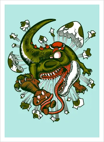 Wildes Reptil Verschlingt Niedliche Kreatur in Düsterer Kunst - wildes Reptil, verschlungene Kreatur, düstere Kunst, Old-School-Tattoo, grünes Monster, Eierschalen, scharfe Zähne, bedrohliche Krallen, Dino, Goomba, Mario, Super Mario World, old school, gamer, geek, Mario Bros, Villain, dark, lange Zunge, grotesque Illustration, Underground-Stil, mutierte Kreatur, monströser Dinosaurier, alternative Kunst, düstere Neuinterpretation - Kunstdruck