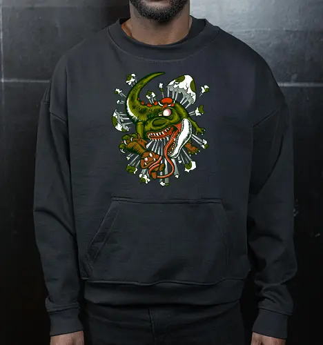 Wildes Reptil Verschlingt Niedliche Kreatur in Düsterer Kunst - wildes Reptil, verschlungene Kreatur, düstere Kunst, Old-School-Tattoo, grünes Monster, Eierschalen, scharfe Zähne, bedrohliche Krallen, Dino, Goomba, Mario, Super Mario World, old school, gamer, geek, Mario Bros, Villain, dark, lange Zunge, grotesque Illustration, Underground-Stil, mutierte Kreatur, monströser Dinosaurier, alternative Kunst, düstere Neuinterpretation - Cropped Sweatshirt