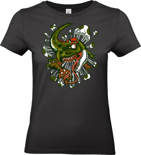 Wildes Reptil Verschlingt Niedliche Kreatur in Düsterer Kunst - wildes Reptil, verschlungene Kreatur, düstere Kunst, Old-School-Tattoo, grünes Monster, Eierschalen, scharfe Zähne, bedrohliche Krallen, Dino, Goomba, Mario, Super Mario World, old school, gamer, geek, Mario Bros, Villain, dark, lange Zunge, grotesque Illustration, Underground-Stil, mutierte Kreatur, monströser Dinosaurier, alternative Kunst, düstere Neuinterpretation - Standard T-Shirt (Frauen)