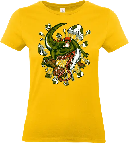 Wildes Reptil Verschlingt Niedliche Kreatur in Düsterer Kunst - wildes Reptil, verschlungene Kreatur, düstere Kunst, Old-School-Tattoo, grünes Monster, Eierschalen, scharfe Zähne, bedrohliche Krallen, Dino, Goomba, Mario, Super Mario World, old school, gamer, geek, Mario Bros, Villain, dark, lange Zunge, grotesque Illustration, Underground-Stil, mutierte Kreatur, monströser Dinosaurier, alternative Kunst, düstere Neuinterpretation - Standard T-Shirt (Frauen)