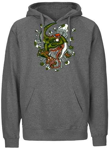 Wildes Reptil Verschlingt Niedliche Kreatur in Düsterer Kunst - wildes Reptil, verschlungene Kreatur, düstere Kunst, Old-School-Tattoo, grünes Monster, Eierschalen, scharfe Zähne, bedrohliche Krallen, Dino, Goomba, Mario, Super Mario World, old school, gamer, geek, Mario Bros, Villain, dark, lange Zunge, grotesque Illustration, Underground-Stil, mutierte Kreatur, monströser Dinosaurier, alternative Kunst, düstere Neuinterpretation - Fairtrade Hoodie