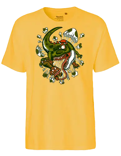 Wildes Reptil Verschlingt Niedliche Kreatur in Düsterer Kunst - wildes Reptil, verschlungene Kreatur, düstere Kunst, Old-School-Tattoo, grünes Monster, Eierschalen, scharfe Zähne, bedrohliche Krallen, Dino, Goomba, Mario, Super Mario World, old school, gamer, geek, Mario Bros, Villain, dark, lange Zunge, grotesque Illustration, Underground-Stil, mutierte Kreatur, monströser Dinosaurier, alternative Kunst, düstere Neuinterpretation - Fairtrade T-Shirt