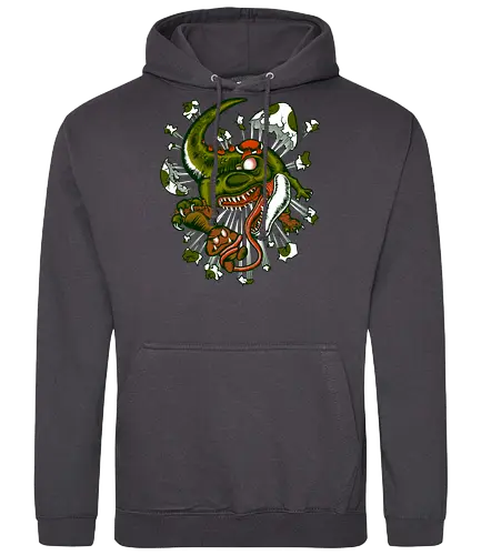 Wildes Reptil Verschlingt Niedliche Kreatur in Düsterer Kunst - wildes Reptil, verschlungene Kreatur, düstere Kunst, Old-School-Tattoo, grünes Monster, Eierschalen, scharfe Zähne, bedrohliche Krallen, Dino, Goomba, Mario, Super Mario World, old school, gamer, geek, Mario Bros, Villain, dark, lange Zunge, grotesque Illustration, Underground-Stil, mutierte Kreatur, monströser Dinosaurier, alternative Kunst, düstere Neuinterpretation - Standard Hoodie