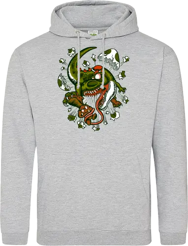 Wildes Reptil Verschlingt Niedliche Kreatur in Düsterer Kunst - wildes Reptil, verschlungene Kreatur, düstere Kunst, Old-School-Tattoo, grünes Monster, Eierschalen, scharfe Zähne, bedrohliche Krallen, Dino, Goomba, Mario, Super Mario World, old school, gamer, geek, Mario Bros, Villain, dark, lange Zunge, grotesque Illustration, Underground-Stil, mutierte Kreatur, monströser Dinosaurier, alternative Kunst, düstere Neuinterpretation - Standard Hoodie