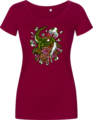 Wildes Reptil Verschlingt Niedliche Kreatur in Düsterer Kunst - wildes Reptil, verschlungene Kreatur, düstere Kunst, Old-School-Tattoo, grünes Monster, Eierschalen, scharfe Zähne, bedrohliche Krallen, Dino, Goomba, Mario, Super Mario World, old school, gamer, geek, Mario Bros, Villain, dark, lange Zunge, grotesque Illustration, Underground-Stil, mutierte Kreatur, monströser Dinosaurier, alternative Kunst, düstere Neuinterpretation - Damen T-Shirt