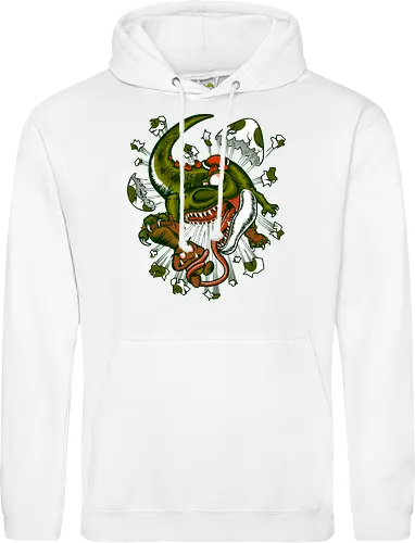Wildes Reptil Verschlingt Niedliche Kreatur in Düsterer Kunst - wildes Reptil, verschlungene Kreatur, düstere Kunst, Old-School-Tattoo, grünes Monster, Eierschalen, scharfe Zähne, bedrohliche Krallen, Dino, Goomba, Mario, Super Mario World, old school, gamer, geek, Mario Bros, Villain, dark, lange Zunge, grotesque Illustration, Underground-Stil, mutierte Kreatur, monströser Dinosaurier, alternative Kunst, düstere Neuinterpretation - Standard Hoodie
