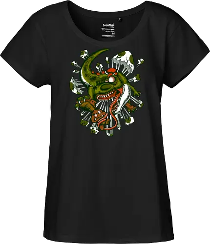 Wildes Reptil Verschlingt Niedliche Kreatur in Düsterer Kunst - wildes Reptil, verschlungene Kreatur, düstere Kunst, Old-School-Tattoo, grünes Monster, Eierschalen, scharfe Zähne, bedrohliche Krallen, Dino, Goomba, Mario, Super Mario World, old school, gamer, geek, Mario Bros, Villain, dark, lange Zunge, grotesque Illustration, Underground-Stil, mutierte Kreatur, monströser Dinosaurier, alternative Kunst, düstere Neuinterpretation - Fairtrade Girl Shirt