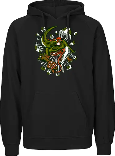 Wildes Reptil Verschlingt Niedliche Kreatur in Düsterer Kunst - wildes Reptil, verschlungene Kreatur, düstere Kunst, Old-School-Tattoo, grünes Monster, Eierschalen, scharfe Zähne, bedrohliche Krallen, Dino, Goomba, Mario, Super Mario World, old school, gamer, geek, Mario Bros, Villain, dark, lange Zunge, grotesque Illustration, Underground-Stil, mutierte Kreatur, monströser Dinosaurier, alternative Kunst, düstere Neuinterpretation - Fairtrade Hoodie