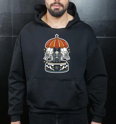 Spooky Carnival: The Skeleton Swing Ride - skeleton carousel shirt, creepy cute graphic tee, vintage carnival apparel, spooky aesthetic streetwear, halloween amusement park merch, weirdcore fashion, macabre pop art tee, retro autumn clothing, skeleton ride design, alternative halloween graphic - Cropped Hoodie