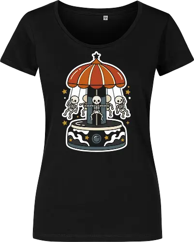 Spooky Carnival: The Skeleton Swing Ride - skeleton carousel shirt, creepy cute graphic tee, vintage carnival apparel, spooky aesthetic streetwear, halloween amusement park merch, weirdcore fashion, macabre pop art tee, retro autumn clothing, skeleton ride design, alternative halloween graphic - Damen T-Shirt