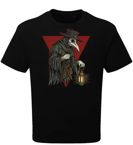 The Healer's Lantern: Plague Doctor - plague doctor shirt, vintage medical graphic tee, dark academia streetwear, gothic aesthetic apparel, macabre historical clothing, creepy bird mask design, retro woodcut art shirt, alternative dark fashion, spooky halloween graphic, medieval plague merch - Oversize T-Shirt