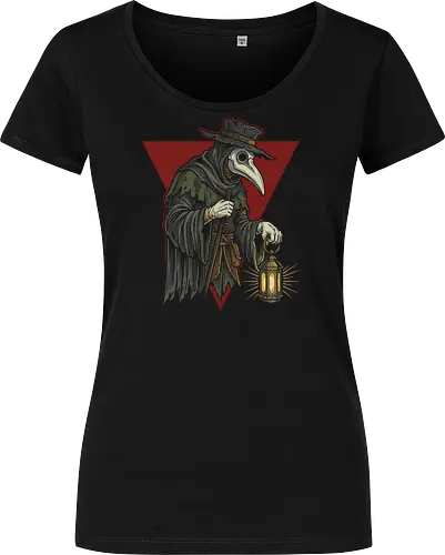 The Healer's Lantern: Plague Doctor - plague doctor shirt, vintage medical graphic tee, dark academia streetwear, gothic aesthetic apparel, macabre historical clothing, creepy bird mask design, retro woodcut art shirt, alternative dark fashion, spooky halloween graphic, medieval plague merch - Damen T-Shirt