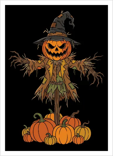 Guardian of the Patch: The Pumpkin King - creepy cute halloween merch, alternative trick or treat shirt, pumpkin patch graphic, gothic harvest festival tee, scarecrow halloween shirt, creepy pumpkin graphic tee, spooky autumn apparel, dark fall aesthetic streetwear, vintage jack o lantern design, horror farm clothing - Kunstdruck