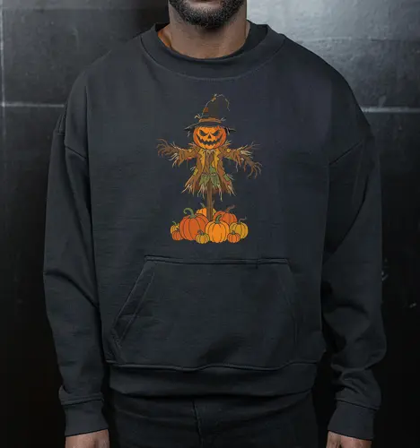 Guardian of the Patch: The Pumpkin King - creepy cute halloween merch, alternative trick or treat shirt, pumpkin patch graphic, gothic harvest festival tee, scarecrow halloween shirt, creepy pumpkin graphic tee, spooky autumn apparel, dark fall aesthetic streetwear, vintage jack o lantern design, horror farm clothing - Cropped Sweatshirt