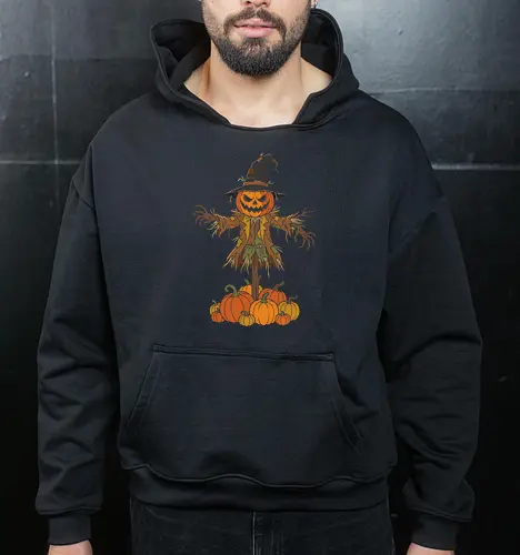 Guardian of the Patch: The Pumpkin King - creepy cute halloween merch, alternative trick or treat shirt, pumpkin patch graphic, gothic harvest festival tee, scarecrow halloween shirt, creepy pumpkin graphic tee, spooky autumn apparel, dark fall aesthetic streetwear, vintage jack o lantern design, horror farm clothing - Cropped Hoodie