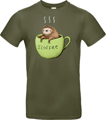 Braunes Faultier Grüne Kaffeetasse Dampf Süßes Wortspiel - Faultier in Kaffeetasse, lebhafte grüne dampfende Tasse, lächelndes ruhiges Faultier, Tier Kaffee Wortspiel, Morgen Humor Kaffee Kunst, handgefertigte Faultier Illustration, strukturiertes braunes beiges Fell, weißer Dampf heißer Kaffee, Kaffee Faultier Liebhaber Geschenk, Faultier Tasse Shirt, Krallen hängende Tassenrand, süßer Morgen Kaffee Humor, englisches Tier Kaffee Wortspiel, entspanntes Faultier in Tasse, kreative Kaffee Tier Kunst - Standard T-Shirt