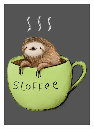 Braunes Faultier Grüne Kaffeetasse Dampf Süßes Wortspiel - Faultier in Kaffeetasse, lebhafte grüne dampfende Tasse, lächelndes ruhiges Faultier, Tier Kaffee Wortspiel, Morgen Humor Kaffee Kunst, handgefertigte Faultier Illustration, strukturiertes braunes beiges Fell, weißer Dampf heißer Kaffee, Kaffee Faultier Liebhaber Geschenk, Faultier Tasse Shirt, Krallen hängende Tassenrand, süßer Morgen Kaffee Humor, englisches Tier Kaffee Wortspiel, entspanntes Faultier in Tasse, kreative Kaffee Tier Kunst - Kunstdruck