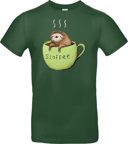 Braunes Faultier Grüne Kaffeetasse Dampf Süßes Wortspiel - Faultier in Kaffeetasse, lebhafte grüne dampfende Tasse, lächelndes ruhiges Faultier, Tier Kaffee Wortspiel, Morgen Humor Kaffee Kunst, handgefertigte Faultier Illustration, strukturiertes braunes beiges Fell, weißer Dampf heißer Kaffee, Kaffee Faultier Liebhaber Geschenk, Faultier Tasse Shirt, Krallen hängende Tassenrand, süßer Morgen Kaffee Humor, englisches Tier Kaffee Wortspiel, entspanntes Faultier in Tasse, kreative Kaffee Tier Kunst - Standard T-Shirt