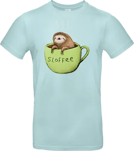 Braunes Faultier Grüne Kaffeetasse Dampf Süßes Wortspiel - Faultier in Kaffeetasse, lebhafte grüne dampfende Tasse, lächelndes ruhiges Faultier, Tier Kaffee Wortspiel, Morgen Humor Kaffee Kunst, handgefertigte Faultier Illustration, strukturiertes braunes beiges Fell, weißer Dampf heißer Kaffee, Kaffee Faultier Liebhaber Geschenk, Faultier Tasse Shirt, Krallen hängende Tassenrand, süßer Morgen Kaffee Humor, englisches Tier Kaffee Wortspiel, entspanntes Faultier in Tasse, kreative Kaffee Tier Kunst - Standard T-Shirt