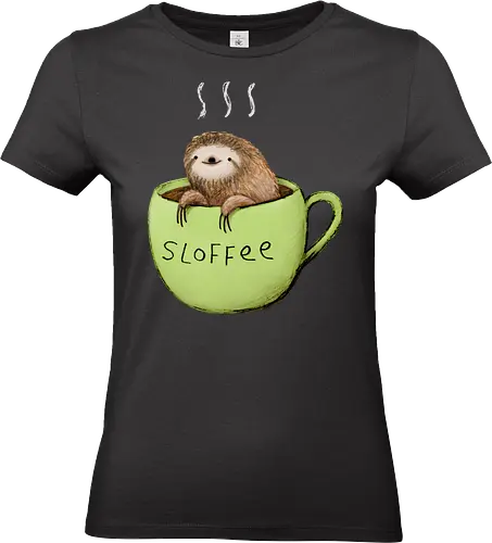 Braunes Faultier Grüne Kaffeetasse Dampf Süßes Wortspiel - Faultier in Kaffeetasse, lebhafte grüne dampfende Tasse, lächelndes ruhiges Faultier, Tier Kaffee Wortspiel, Morgen Humor Kaffee Kunst, handgefertigte Faultier Illustration, strukturiertes braunes beiges Fell, weißer Dampf heißer Kaffee, Kaffee Faultier Liebhaber Geschenk, Faultier Tasse Shirt, Krallen hängende Tassenrand, süßer Morgen Kaffee Humor, englisches Tier Kaffee Wortspiel, entspanntes Faultier in Tasse, kreative Kaffee Tier Kunst - Standard T-Shirt (Frauen)