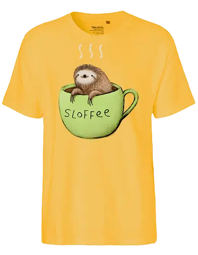 Braunes Faultier Grüne Kaffeetasse Dampf Süßes Wortspiel - Faultier in Kaffeetasse, lebhafte grüne dampfende Tasse, lächelndes ruhiges Faultier, Tier Kaffee Wortspiel, Morgen Humor Kaffee Kunst, handgefertigte Faultier Illustration, strukturiertes braunes beiges Fell, weißer Dampf heißer Kaffee, Kaffee Faultier Liebhaber Geschenk, Faultier Tasse Shirt, Krallen hängende Tassenrand, süßer Morgen Kaffee Humor, englisches Tier Kaffee Wortspiel, entspanntes Faultier in Tasse, kreative Kaffee Tier Kunst - Fairtrade T-Shirt
