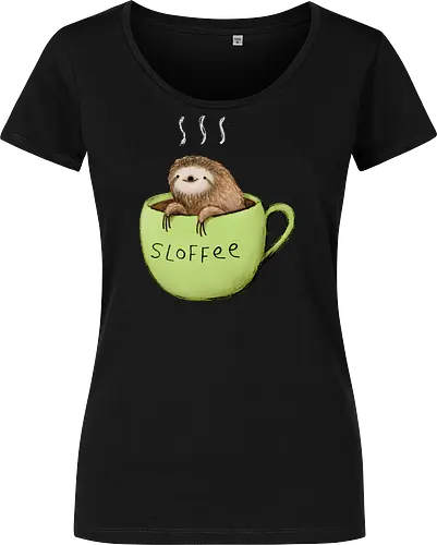 Braunes Faultier Grüne Kaffeetasse Dampf Süßes Wortspiel - Faultier in Kaffeetasse, lebhafte grüne dampfende Tasse, lächelndes ruhiges Faultier, Tier Kaffee Wortspiel, Morgen Humor Kaffee Kunst, handgefertigte Faultier Illustration, strukturiertes braunes beiges Fell, weißer Dampf heißer Kaffee, Kaffee Faultier Liebhaber Geschenk, Faultier Tasse Shirt, Krallen hängende Tassenrand, süßer Morgen Kaffee Humor, englisches Tier Kaffee Wortspiel, entspanntes Faultier in Tasse, kreative Kaffee Tier Kunst - Damen T-Shirt
