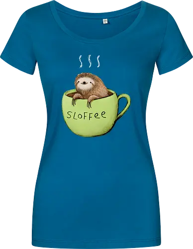 Braunes Faultier Grüne Kaffeetasse Dampf Süßes Wortspiel - Faultier in Kaffeetasse, lebhafte grüne dampfende Tasse, lächelndes ruhiges Faultier, Tier Kaffee Wortspiel, Morgen Humor Kaffee Kunst, handgefertigte Faultier Illustration, strukturiertes braunes beiges Fell, weißer Dampf heißer Kaffee, Kaffee Faultier Liebhaber Geschenk, Faultier Tasse Shirt, Krallen hängende Tassenrand, süßer Morgen Kaffee Humor, englisches Tier Kaffee Wortspiel, entspanntes Faultier in Tasse, kreative Kaffee Tier Kunst - Damen T-Shirt