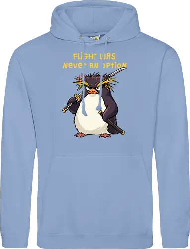 Flight Was Never An Option - flight was never an option, angry, bird, dark humor, flight, funny penguin, katana, martial arts, ninja, penguin, penguin meme, rockhopper penguin, samurai, sword, warrior - Standard Hoodie
