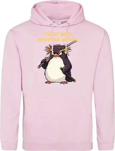 Flight Was Never An Option - flight was never an option, angry, bird, dark humor, flight, funny penguin, katana, martial arts, ninja, penguin, penguin meme, rockhopper penguin, samurai, sword, warrior - Standard Hoodie