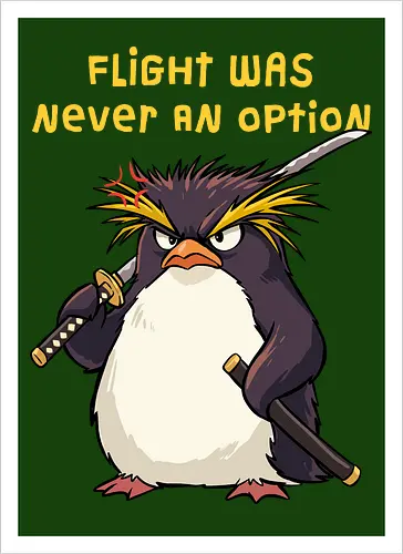 Flight Was Never An Option - flight was never an option, angry, bird, dark humor, flight, funny penguin, katana, martial arts, ninja, penguin, penguin meme, rockhopper penguin, samurai, sword, warrior - Kunstdruck