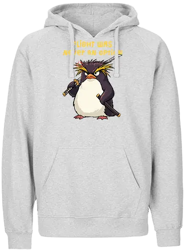 Flight Was Never An Option - flight was never an option, angry, bird, dark humor, flight, funny penguin, katana, martial arts, ninja, penguin, penguin meme, rockhopper penguin, samurai, sword, warrior - Fairtrade Hoodie