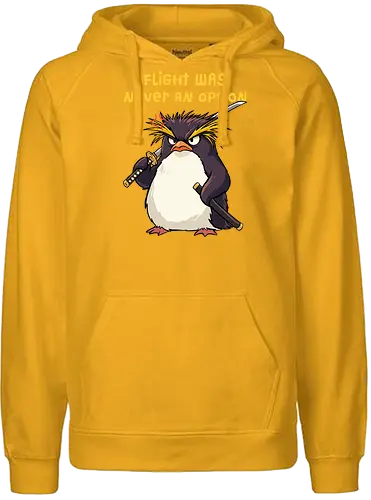 Flight Was Never An Option - flight was never an option, angry, bird, dark humor, flight, funny penguin, katana, martial arts, ninja, penguin, penguin meme, rockhopper penguin, samurai, sword, warrior - Fairtrade Hoodie