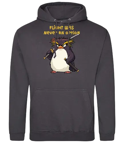 Flight Was Never An Option - flight was never an option, angry, bird, dark humor, flight, funny penguin, katana, martial arts, ninja, penguin, penguin meme, rockhopper penguin, samurai, sword, warrior - Standard Hoodie