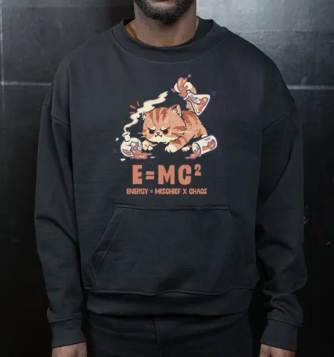 E=MC2 Cat - albert einstein, biology, cat, chaos, chemical, chemist, chemistry teacher, einstein, laboratory, mischief, emc2, molecule, physics, science, scientist - Cropped Sweatshirt