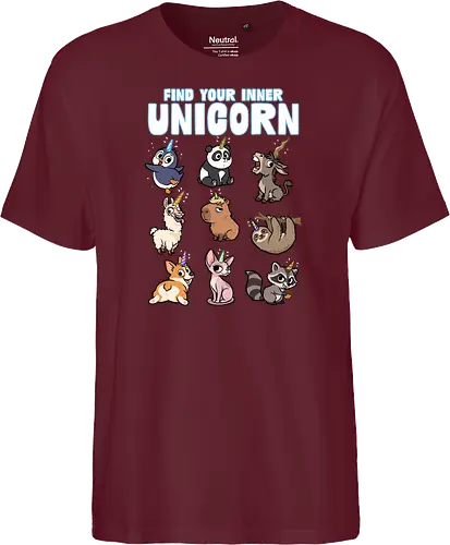 Find Your Inner Unicorn - penguin, rainbow, sloth, sphynx, unicorns, unicorn, animal, capybara, corgi, donkey, funny, horn, llama, magical, panda - Fairtrade T-Shirt