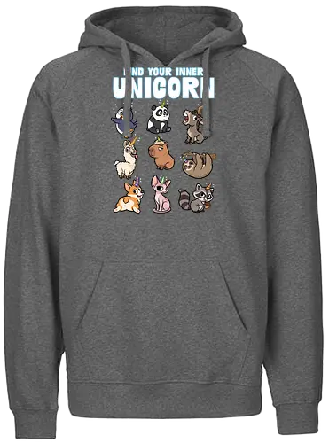 Find Your Inner Unicorn - penguin, rainbow, sloth, sphynx, unicorns, unicorn, animal, capybara, corgi, donkey, funny, horn, llama, magical, panda - Fairtrade Hoodie