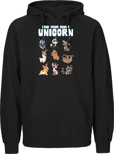 Find Your Inner Unicorn - penguin, rainbow, sloth, sphynx, unicorns, unicorn, animal, capybara, corgi, donkey, funny, horn, llama, magical, panda - Fairtrade Hoodie