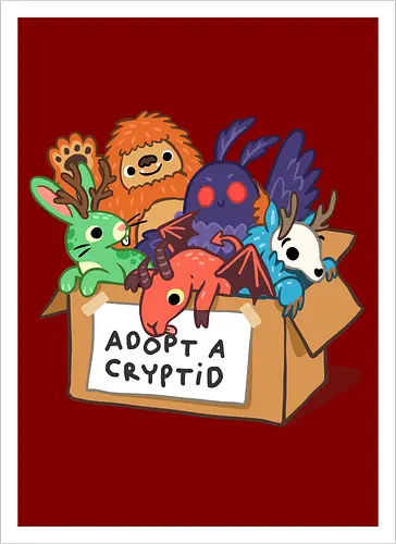 Adopt a Cryptid - adopt a pet, bigfoot, creature, cryptozoology, horror, humor, monster, mothman, myth, mythology, rescue, sasquatch, spooky, cryptid, adopt - Kunstdruck