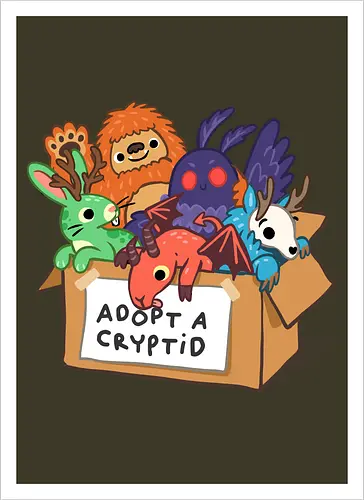 Adopt a Cryptid - adopt a pet, bigfoot, creature, cryptozoology, horror, humor, monster, mothman, myth, mythology, rescue, sasquatch, spooky, cryptid, adopt - Kunstdruck