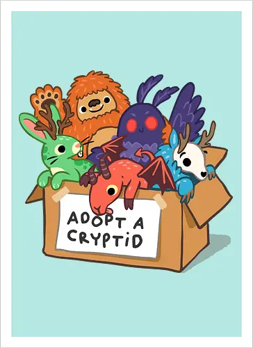 Adopt a Cryptid - adopt a pet, bigfoot, creature, cryptozoology, horror, humor, monster, mothman, myth, mythology, rescue, sasquatch, spooky, cryptid, adopt - Kunstdruck