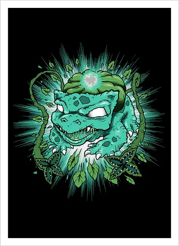 Wildes Grünes Wesen mit Ranken und Mystischem Glühen - grünes Wesen, Pflanzenmonster, dornige Ranken, mystisches Glühen, leuchtende Augen, scharfe Zähne, Starter, Mouse, alternative Kunst, digitale Illustration, Fantasiewesen, Underground-Stil, Starter, Pocket, Kanto, Ivysaur, Venusaur, Starter, Retro-Blätter, dunkler Hintergrund, wildes Wesen, lebendige Illustration, mystisches Monster - Kunstdruck