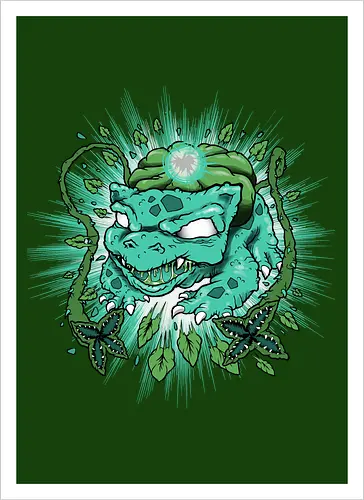Wildes Grünes Wesen mit Ranken und Mystischem Glühen - grünes Wesen, Pflanzenmonster, dornige Ranken, mystisches Glühen, leuchtende Augen, scharfe Zähne, Starter, Mouse, alternative Kunst, digitale Illustration, Fantasiewesen, Underground-Stil, Starter, Pocket, Kanto, Ivysaur, Venusaur, Starter, Retro-Blätter, dunkler Hintergrund, wildes Wesen, lebendige Illustration, mystisches Monster - Kunstdruck