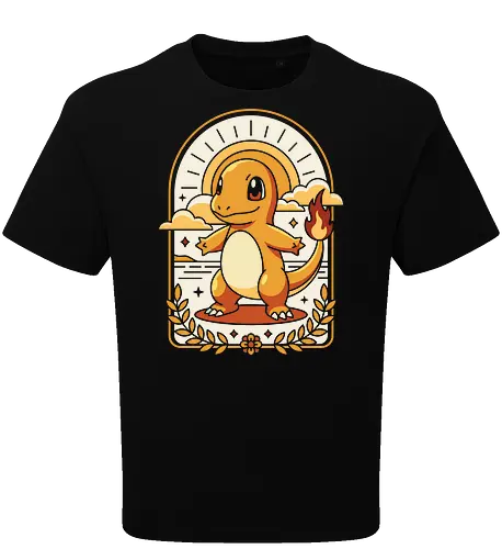 Golden Embers: The Fire Starter - Charmander shirt, retro gaming graphic tee, fire starter apparel, aesthetic anime streetwear, vintage pop culture clothing, nostalgic 90s gamer merch, kawaii monster design, art deco anime shirt, pastel orange aesthetic, cute lizard graphic - Oversize T-Shirt