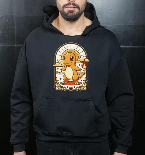 Golden Embers: The Fire Starter - Charmander shirt, retro gaming graphic tee, fire starter apparel, aesthetic anime streetwear, vintage pop culture clothing, nostalgic 90s gamer merch, kawaii monster design, art deco anime shirt, pastel orange aesthetic, cute lizard graphic - Cropped Hoodie