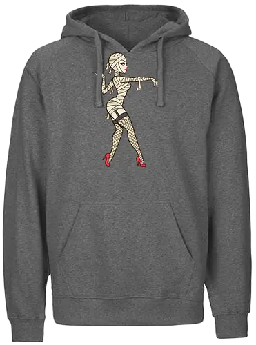 Mummy Pin-Up Girl Graphic Tee - mummy pin up girl, sexy halloween shirt, spooky pinup art, vintage horror graphic, rockabilly halloween tee, retro mummy design, burlesque monster girl, gothic pinup print, funny halloween costume, classic horror pin up - Fairtrade Hoodie