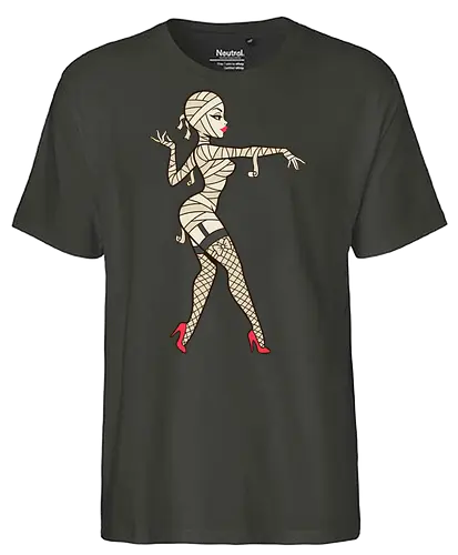 Mummy Pin-Up Girl Graphic Tee - mummy pin up girl, sexy halloween shirt, spooky pinup art, vintage horror graphic, rockabilly halloween tee, retro mummy design, burlesque monster girl, gothic pinup print, funny halloween costume, classic horror pin up - Fairtrade T-Shirt