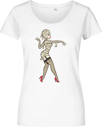 Mummy Pin-Up Girl Graphic Tee - mummy pin up girl, sexy halloween shirt, spooky pinup art, vintage horror graphic, rockabilly halloween tee, retro mummy design, burlesque monster girl, gothic pinup print, funny halloween costume, classic horror pin up - Damen T-Shirt