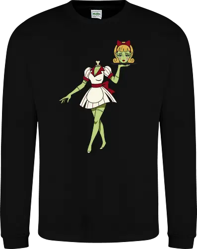 Zombie Waitress Serving Her Head - zombie waitress, headless zombie print, scary halloween shirt, creepy undead graphic, macabre illustration, unique zombie design, retro horror tee, waitress holding head print, zombie costume idea, weird halloween art - Sweatshirt