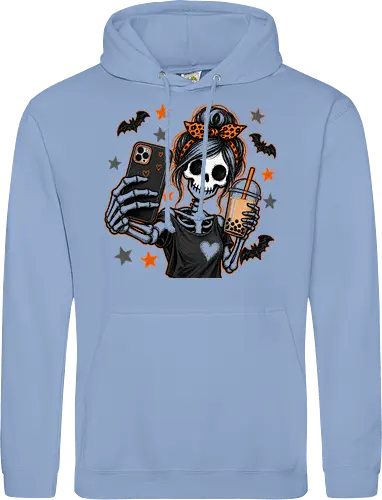 Skelett-Mädchen Selfie Boba Halloween - skelett mädchen, halloween, boba, bubble tea, selfie, kawaii, spooky, schädel, süß, lustig, kürbis, gruselig, halloween motiv, herbst - Standard Hoodie